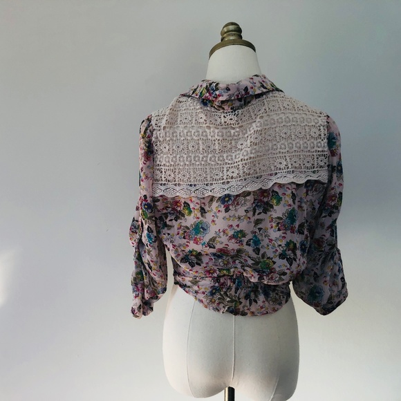 Blouse Sheer Pink Floral AMERICAN RAG Roll Up Sleeves Large - Picture 7 of 9